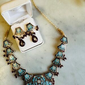 From India Gold and Blue Necklace and Earring Set